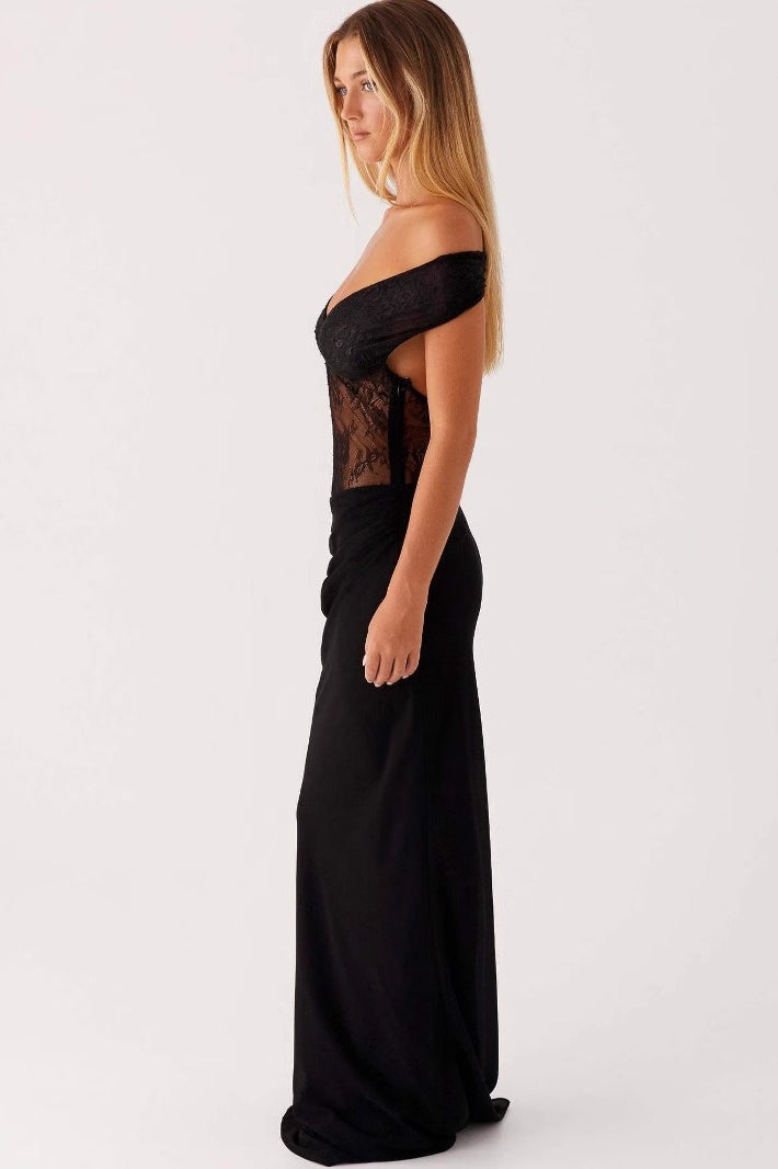 Off Shoulder Sheer Lace Bodice V-Neck Column Maxi Dress 2