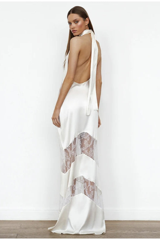 Slim Elegant V Neck Lace Halter Maxi Dress - View 2