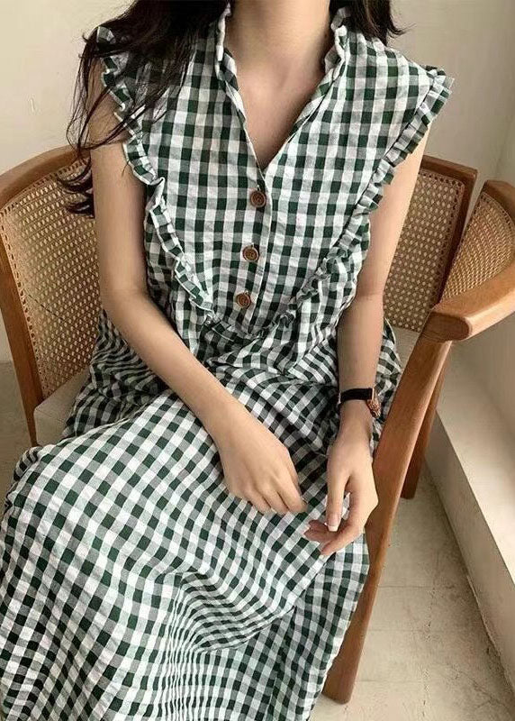 Gingham Check V-Neck Ruffle Collar Button Front Sleeveless Dress