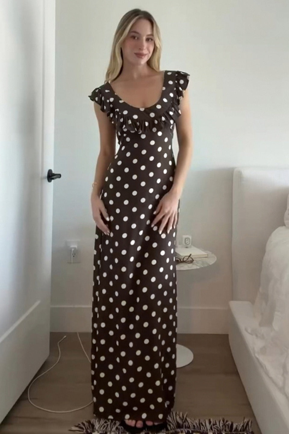 Polka Edition Dot UNeck Ruffled Bodycon Maxi Dress