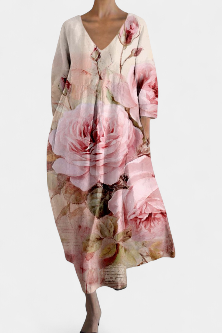 Abstract Print V-Neck Three Quarter Sleeve Oversized Maxi Dress