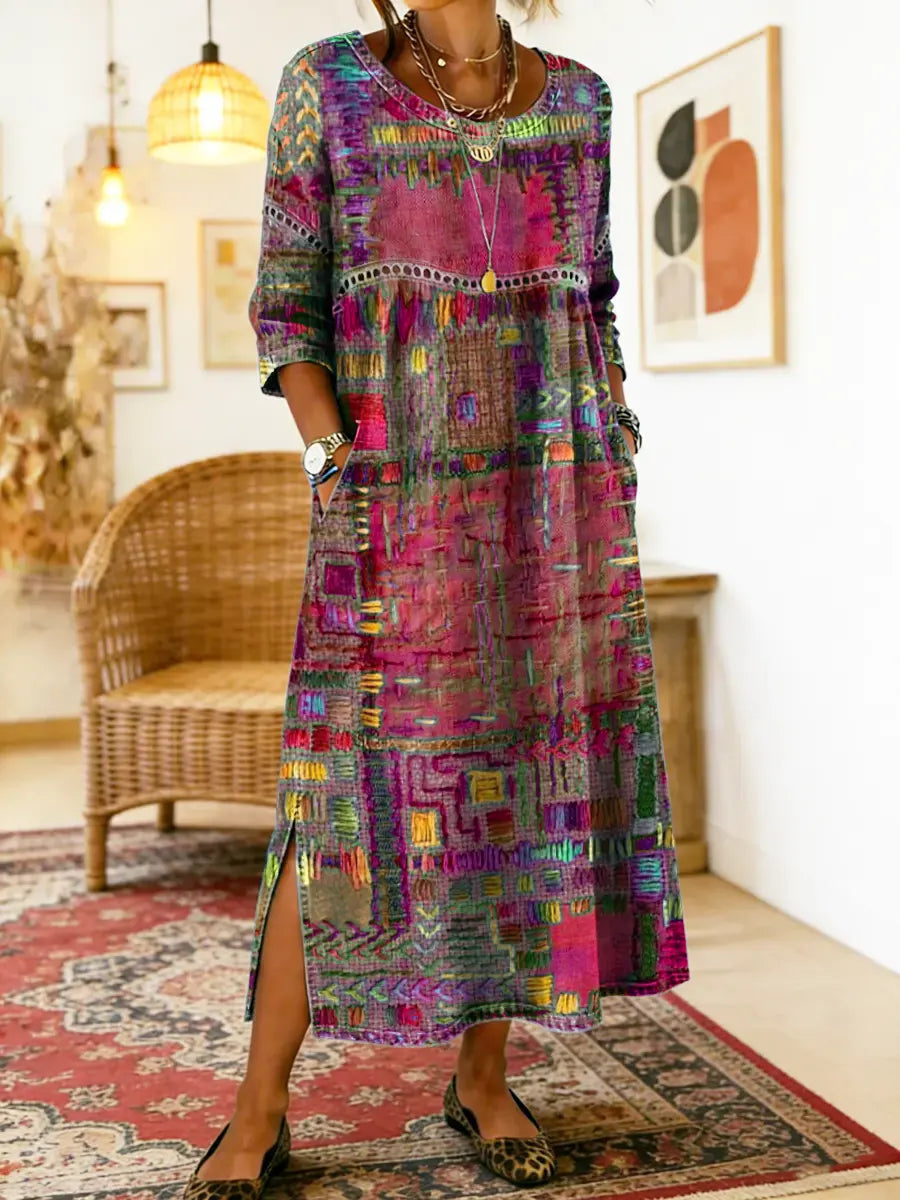 Patchwork Print Round Neck Pocket A-Line Maxi Dress