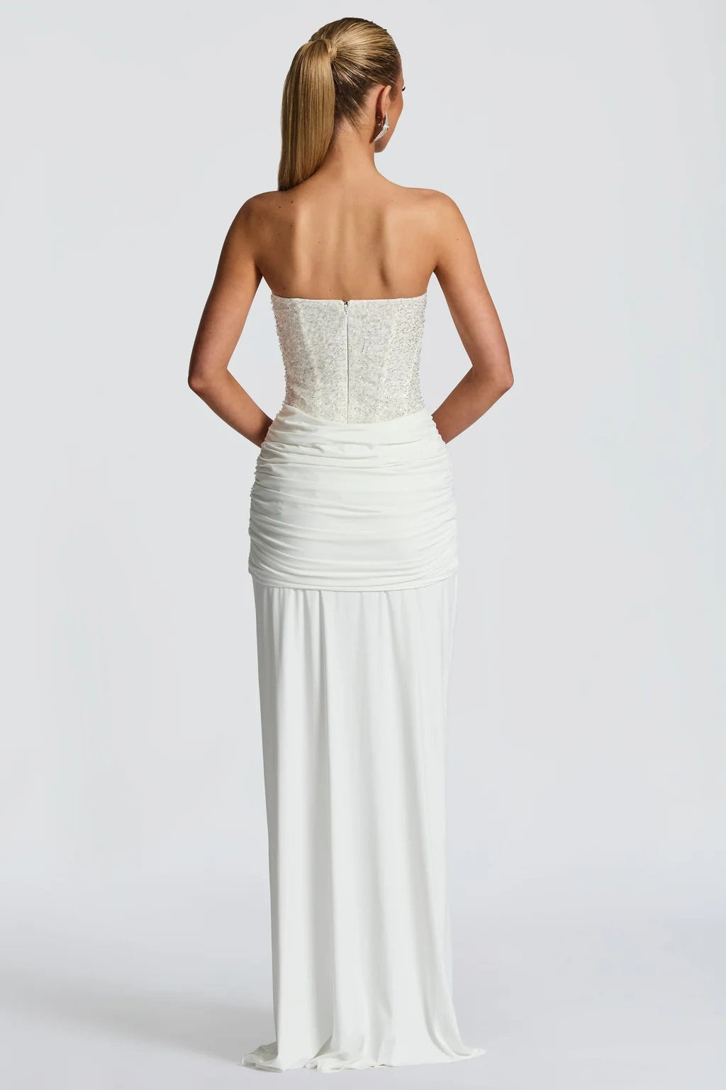 Sequin Strapless Corset Ruched High Split Mermaid Maxi Dress