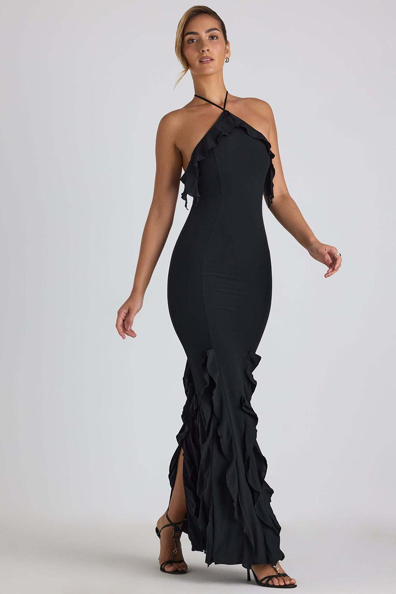 Halter Neck Ruffle Fishtail Mermaid Gown
