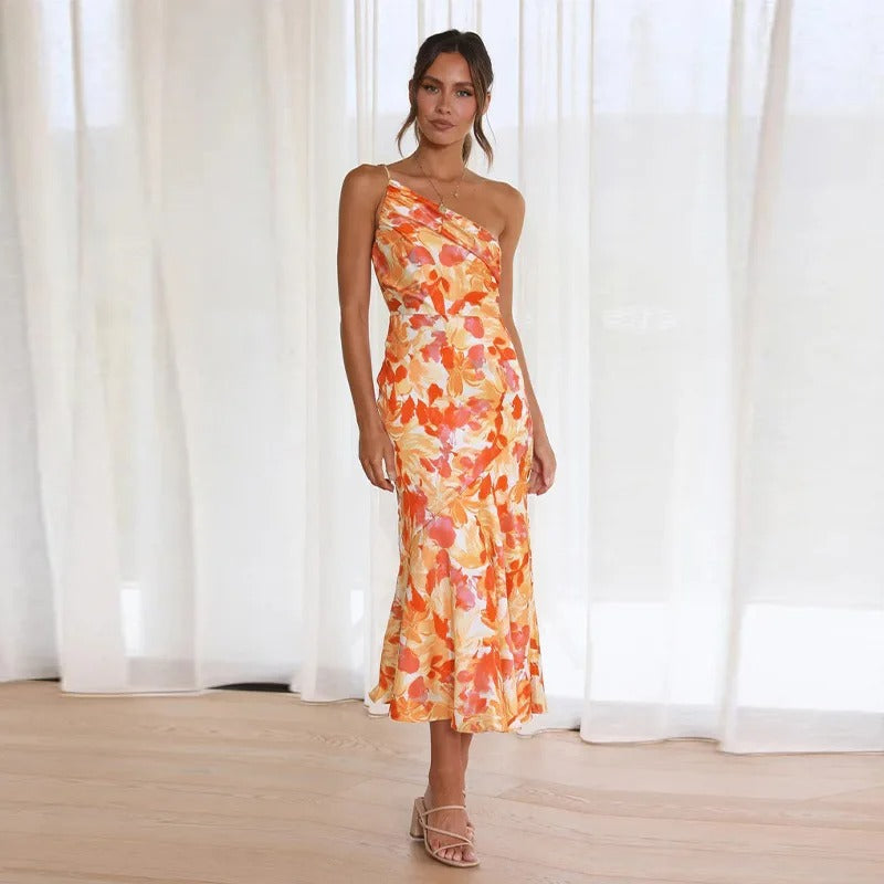 Floral Print One Shoulder Ruched Satin Mermaid Midi Dress