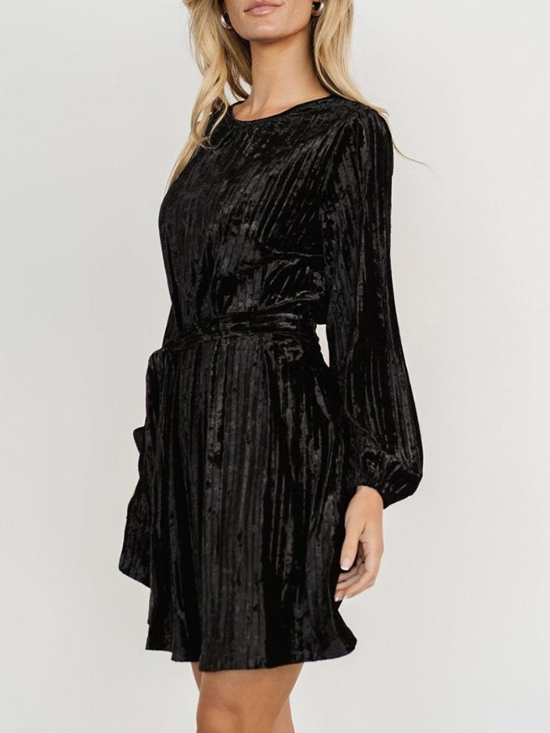 Crushed Velvet Round Neck Long Sleeve Tie Waist Mini Dress 13