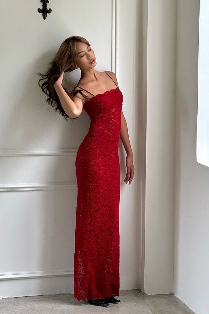 Lace Square Neck Spaghetti Strap Bodycon Maxi Dress