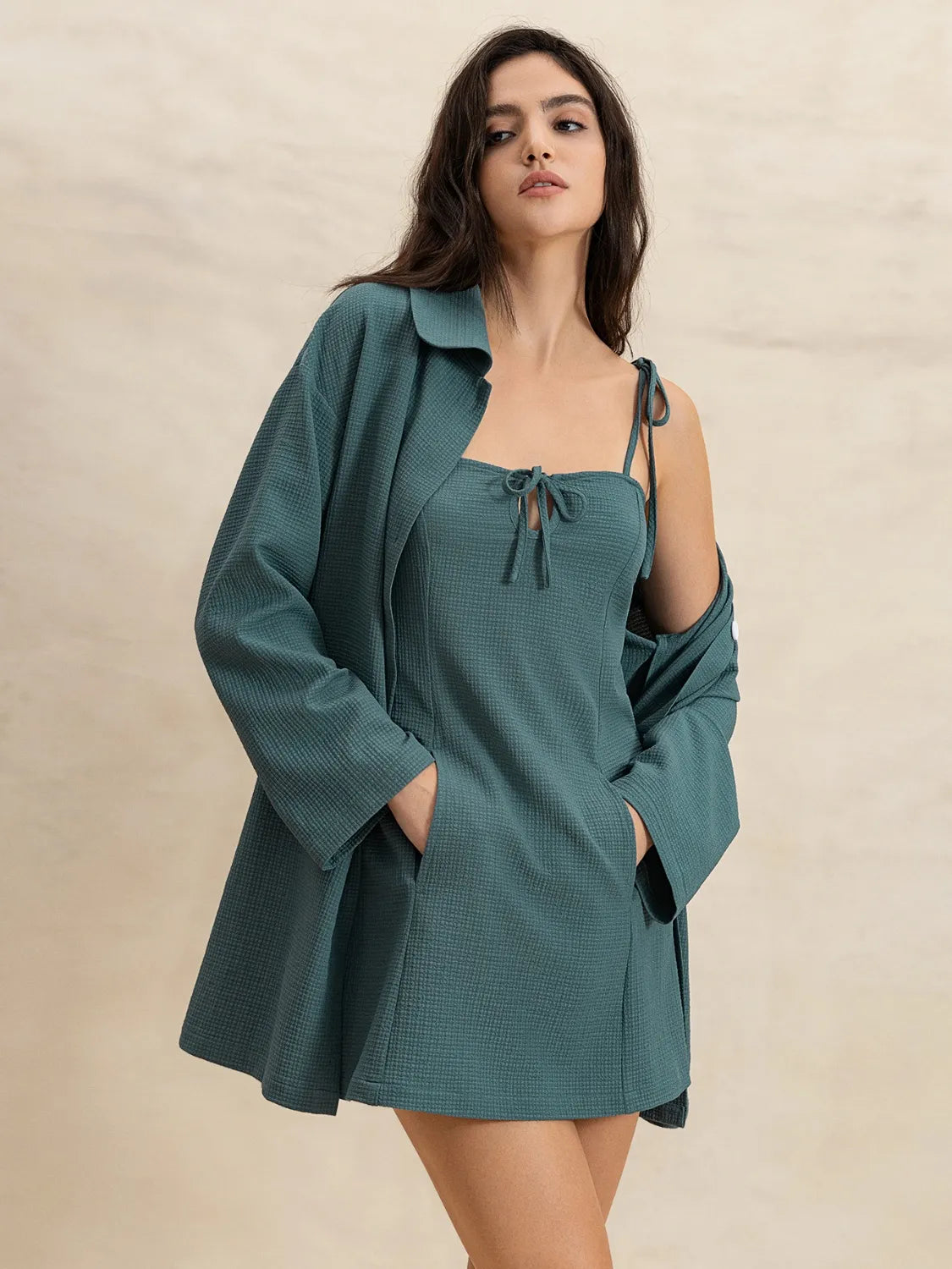Tie Front Cami Mini Dress and Button Up Shirt Two Piece Set