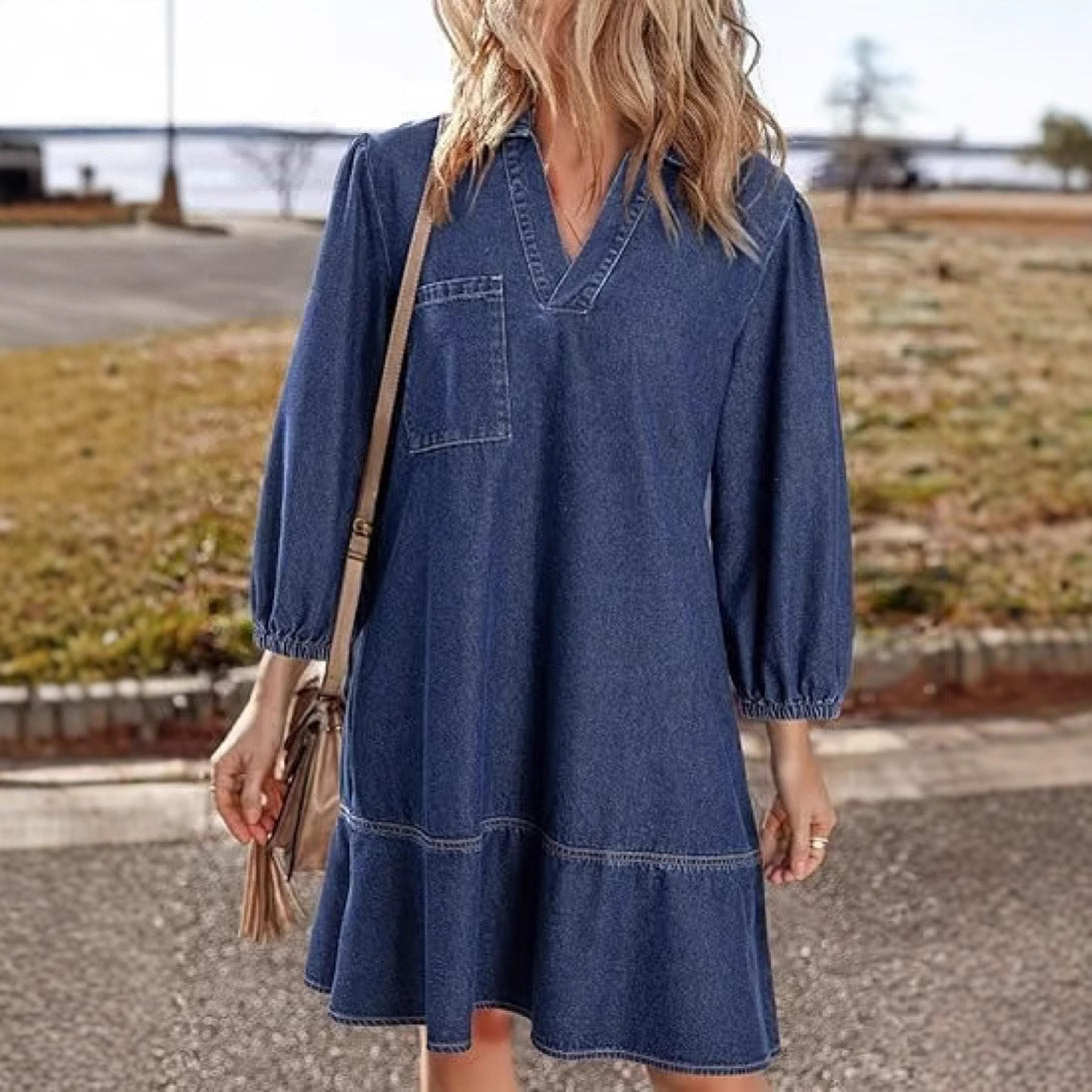 Denim V-Neck Puff Sleeve Pocket A-Line Mini Dress