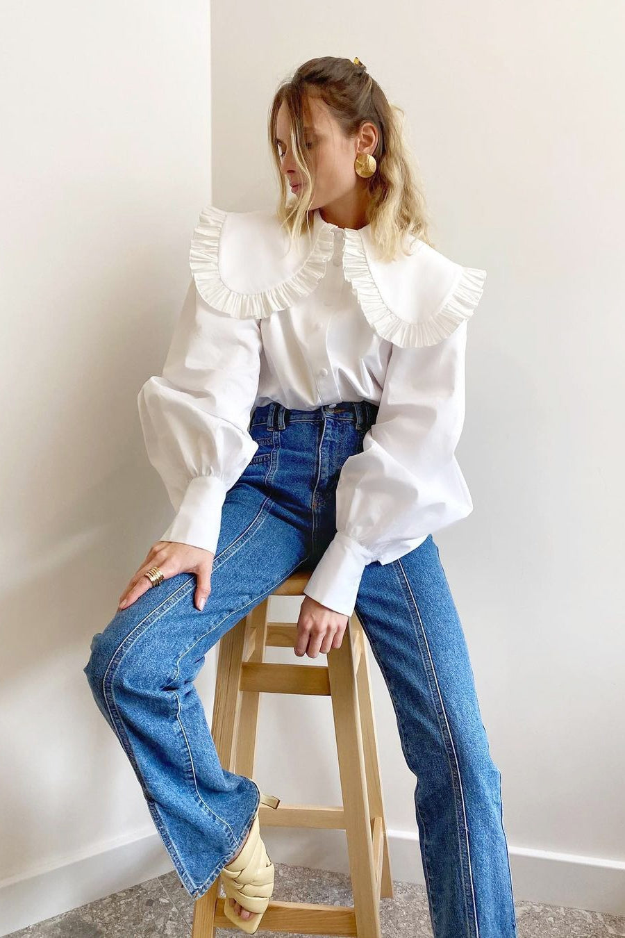Oversized Ruffle Trim Collar Balloon Sleeve Button Front Blouse