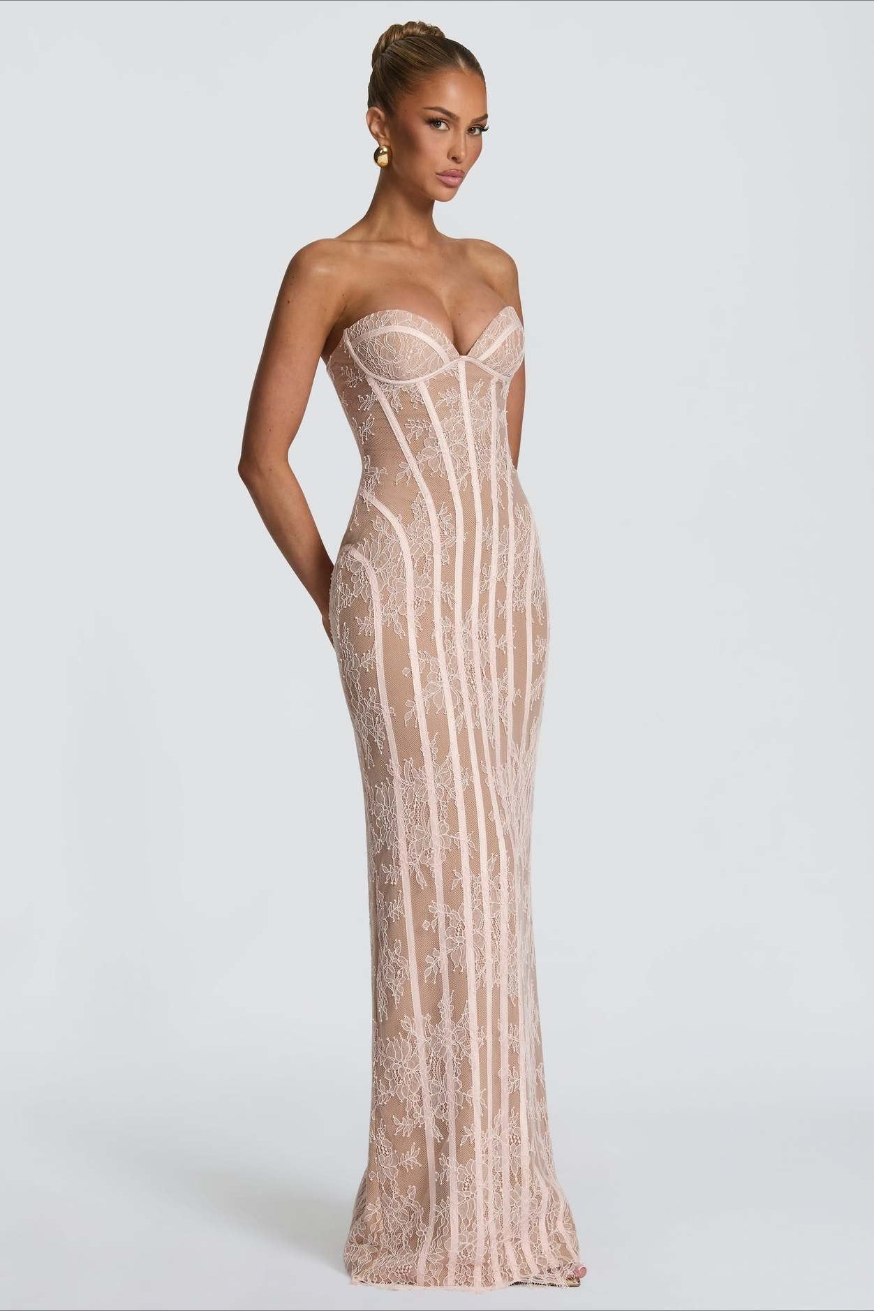 Strapless Lace Vertical Bodycon Maxi Lace Dress