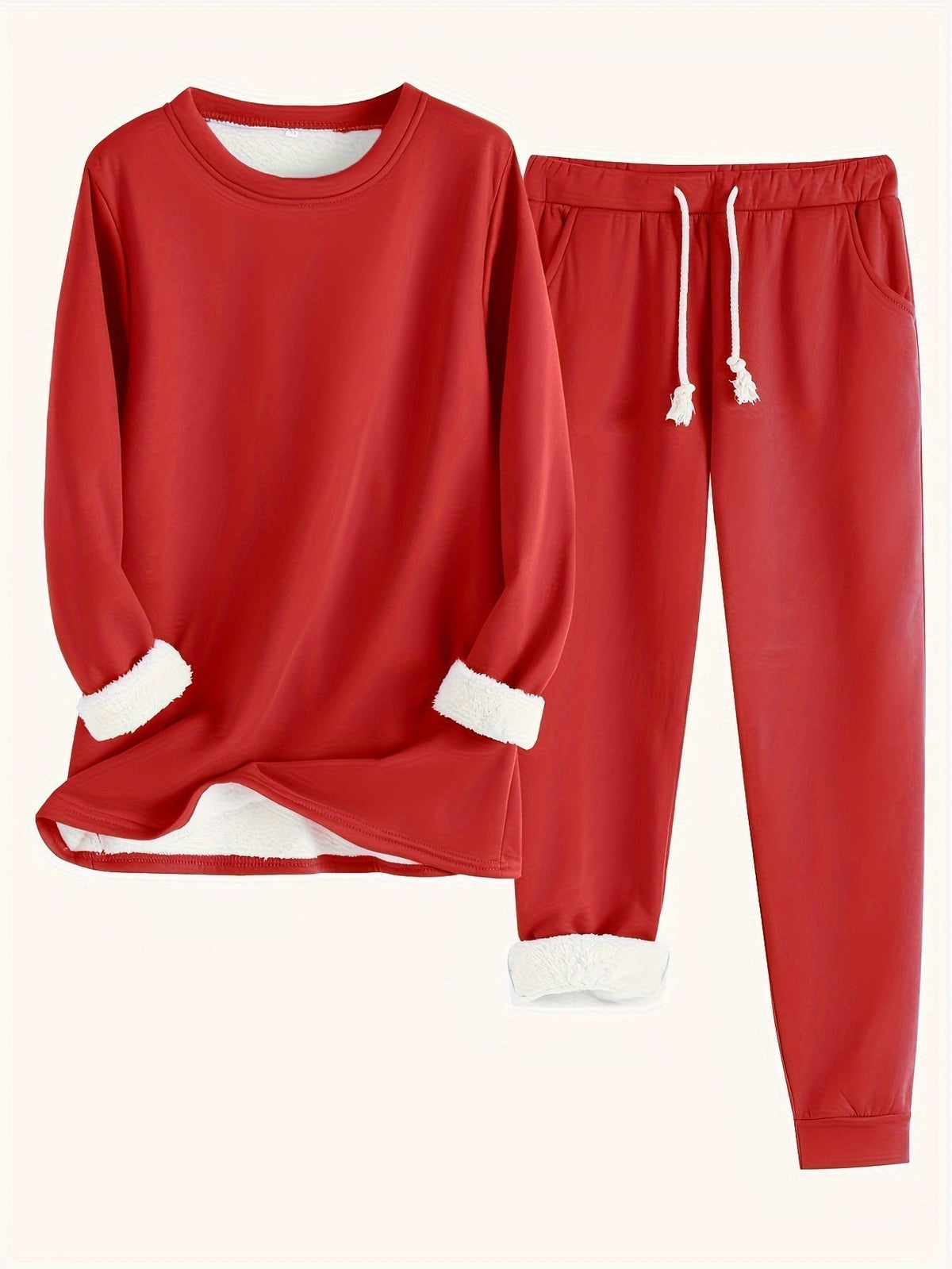 Fleece Lined Crew Neck Top and Jogger Pants Two Piece Set