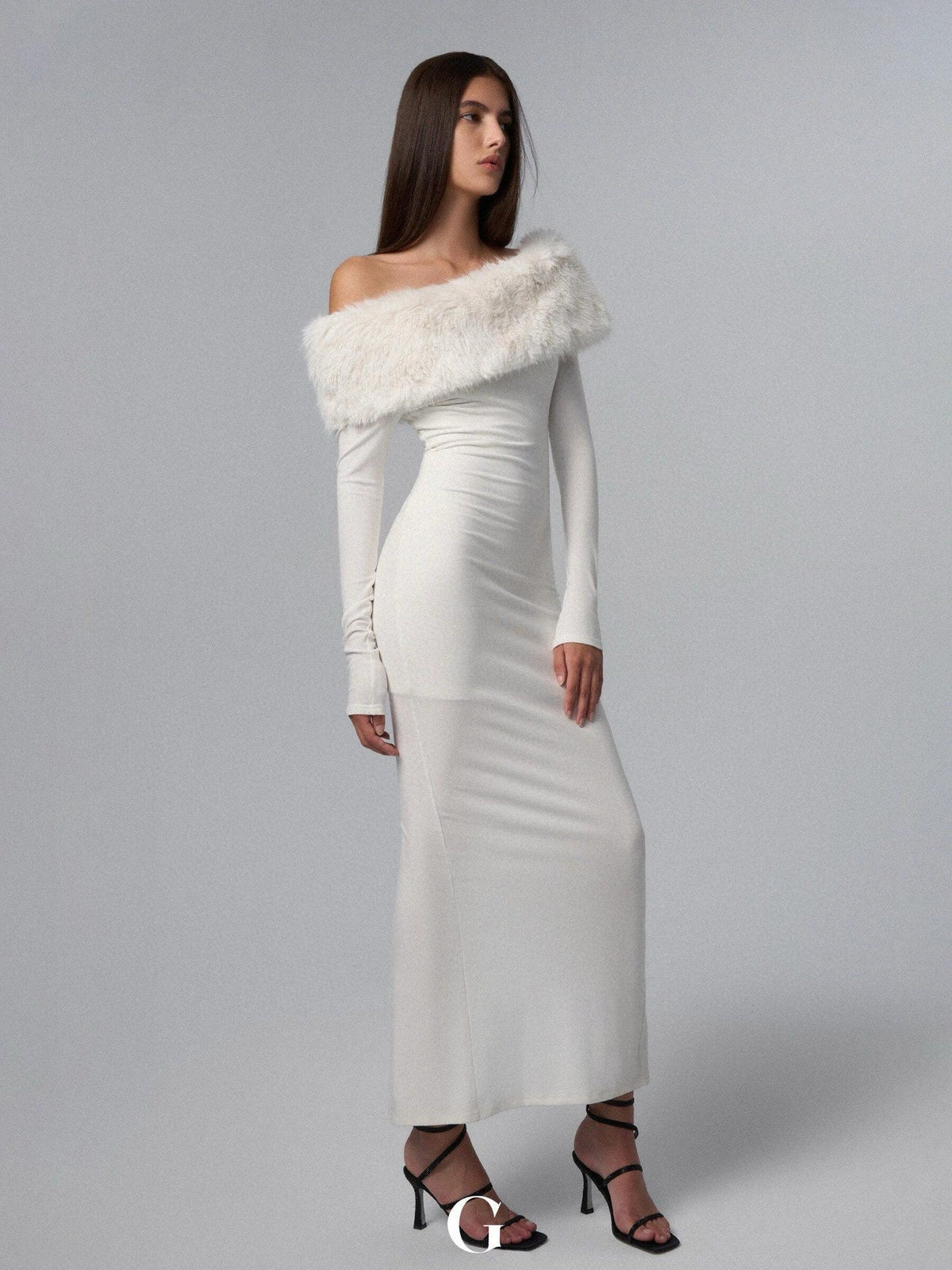Faux Fur Off Shoulder Long Sleeve Bodycon Maxi Dress 2