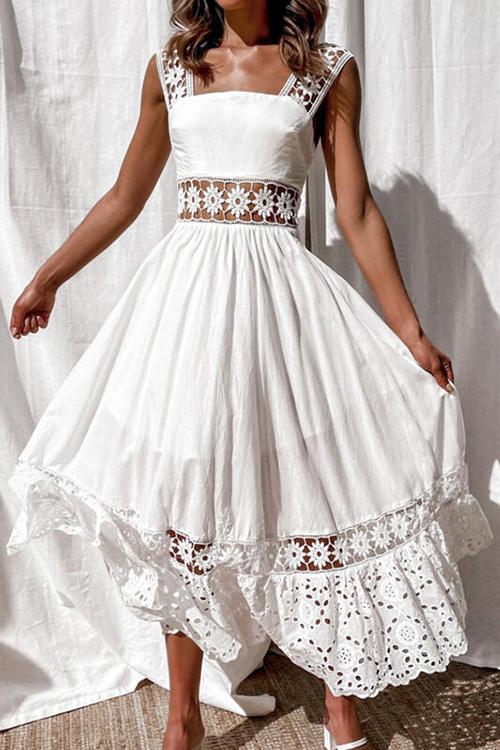 Square Neck Sleeveless Eyelet Lace Crochet Waist Pleated Tiered Ruffle Hem Midi Dress