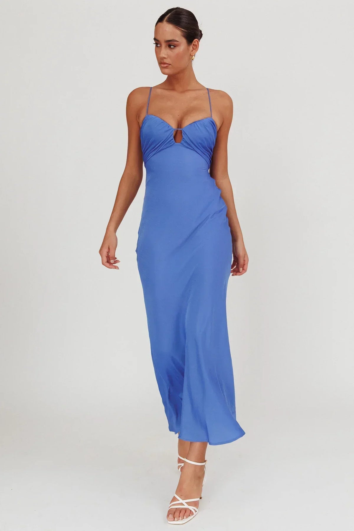 Satin Gathered Bust Keyhole Cami Strap Bias Cut Maxi Dress 4
