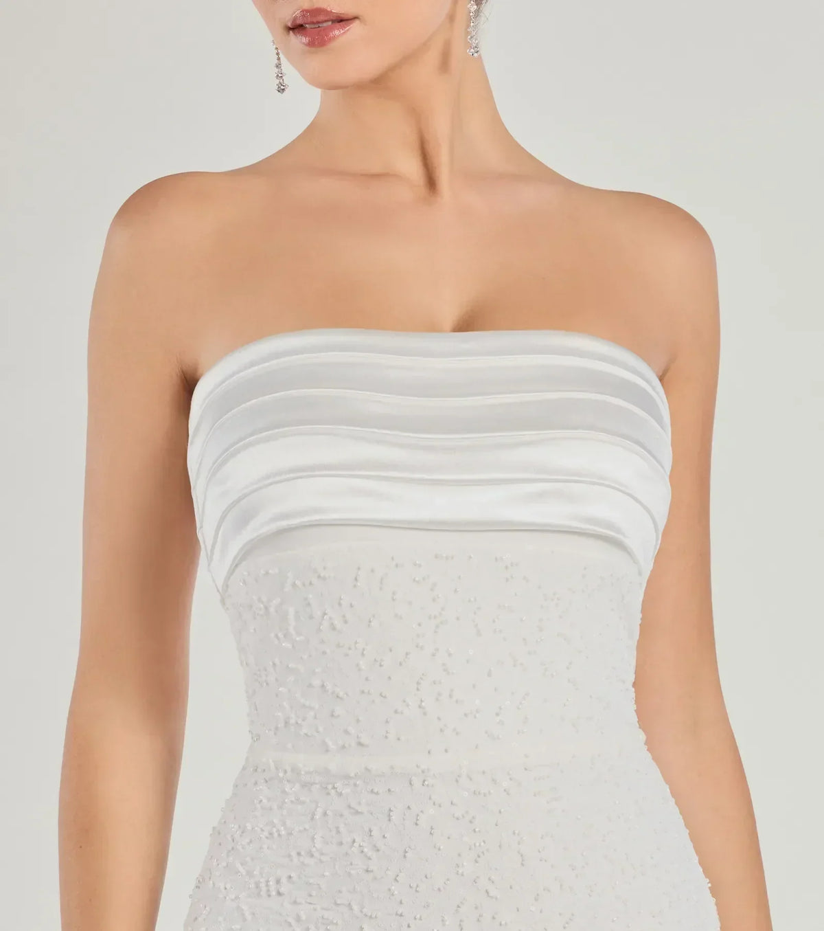 Pearl Beaded Strapless Ruched Satin Bust Bodycon Mini Dress 4