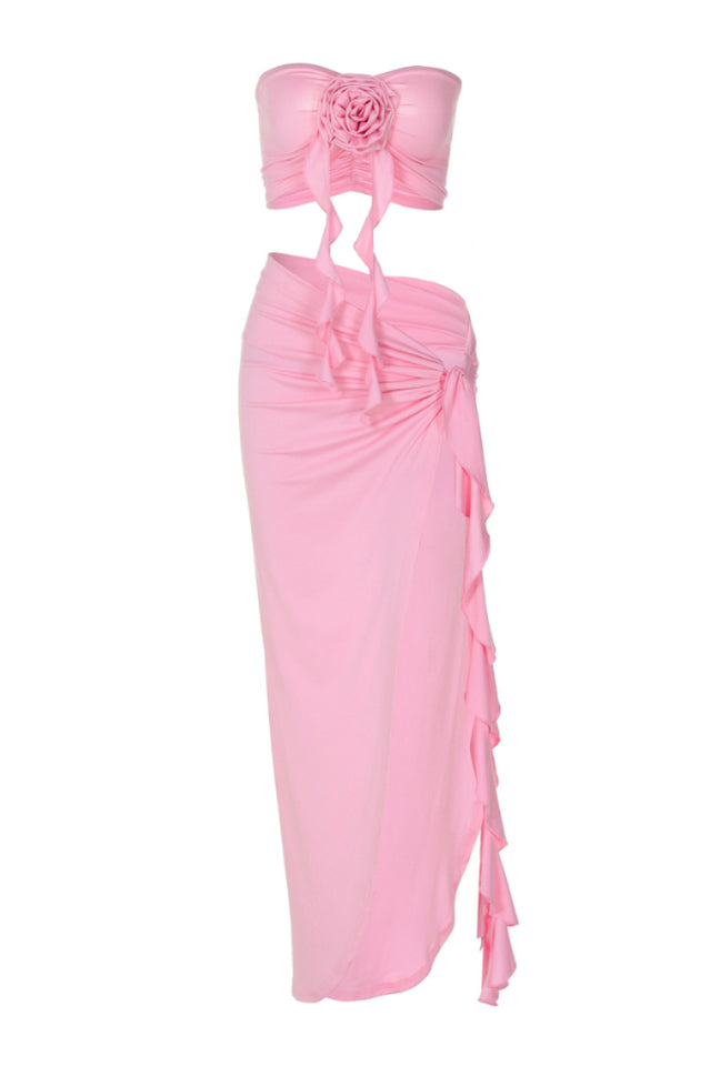 Strapless Rosette High Split Ruffle Two Piece Set 15
