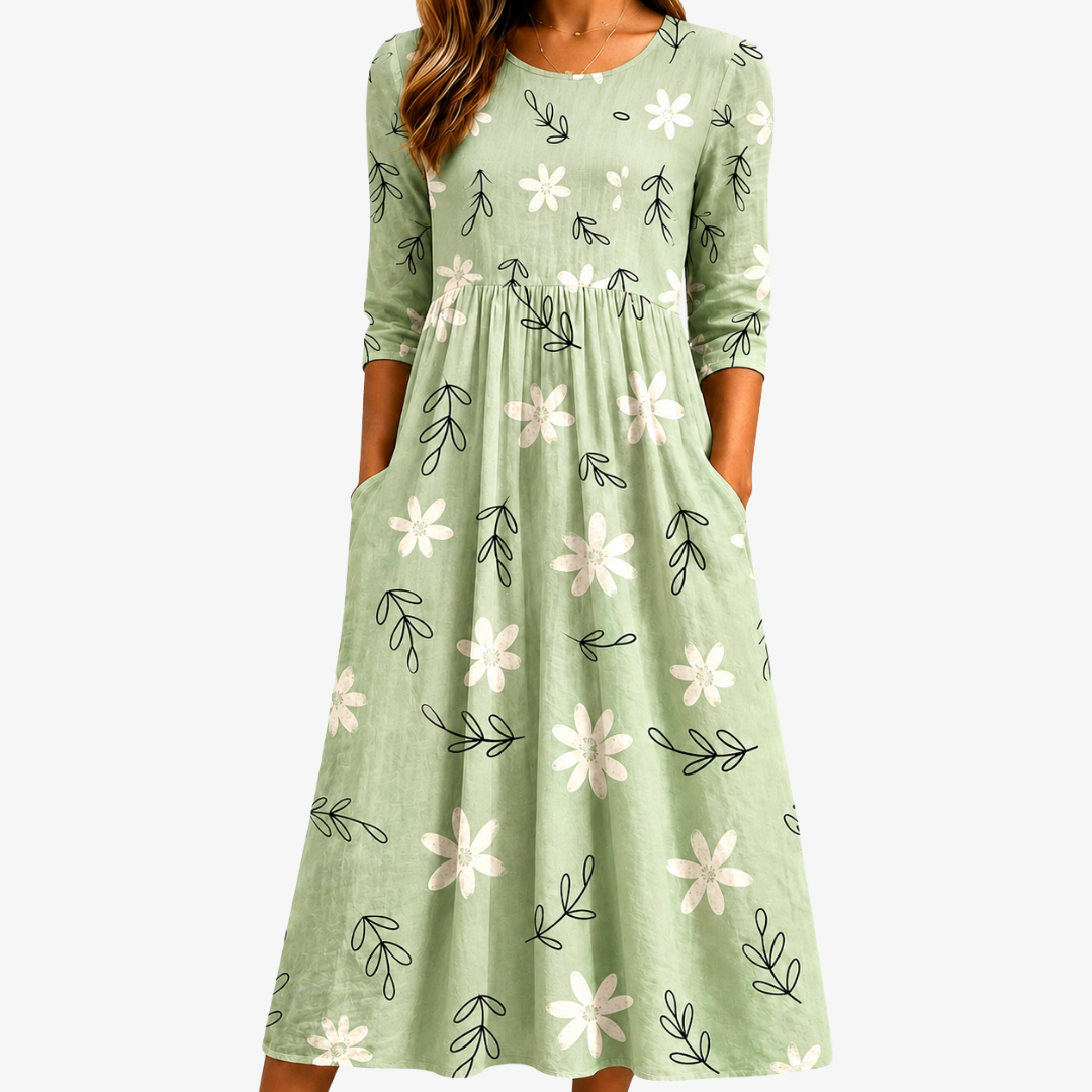 Floral Round Neck Three Quarter Sleeve Pocket Midi Dress