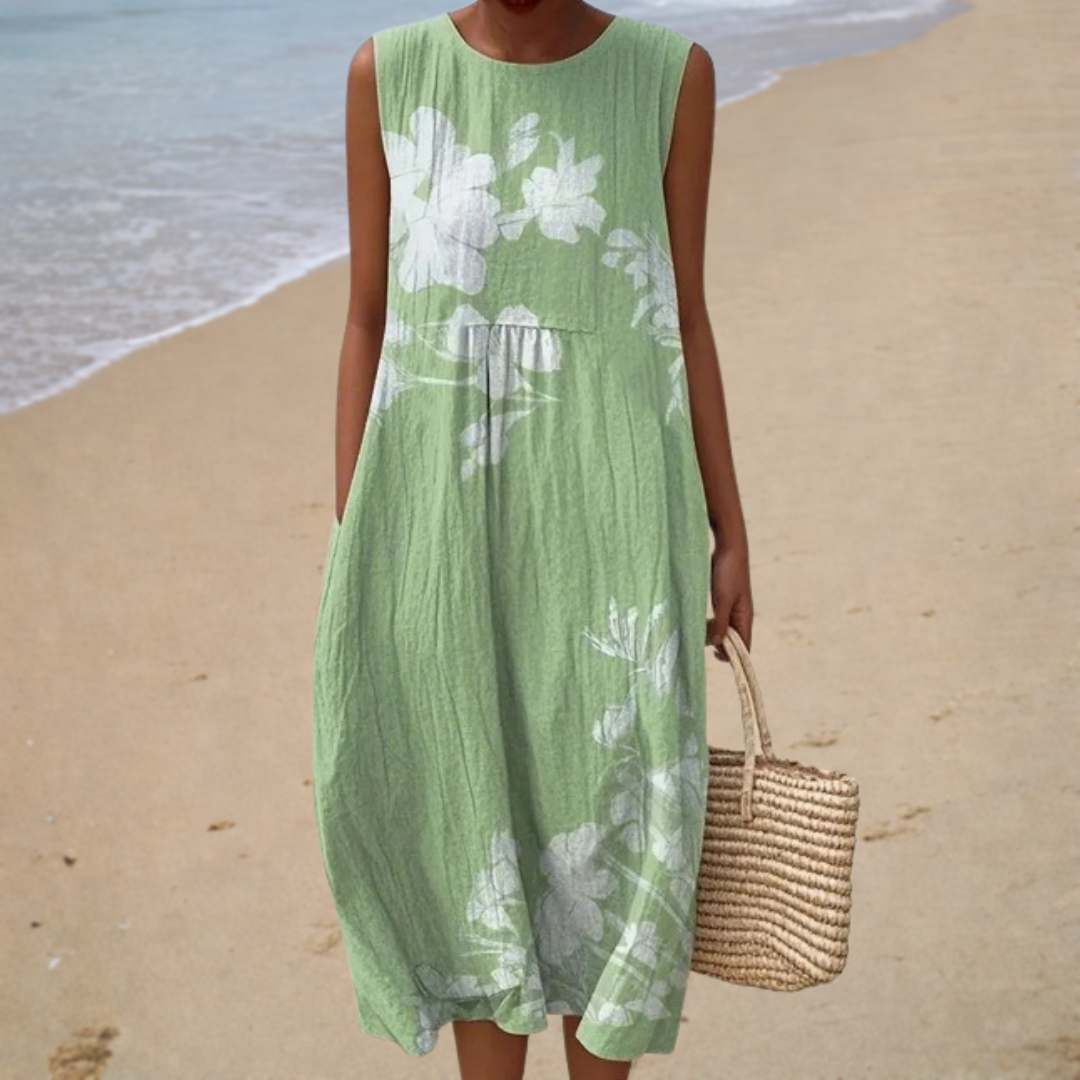 Floral Round Neck Sleeveless Linen Look Midi Dress