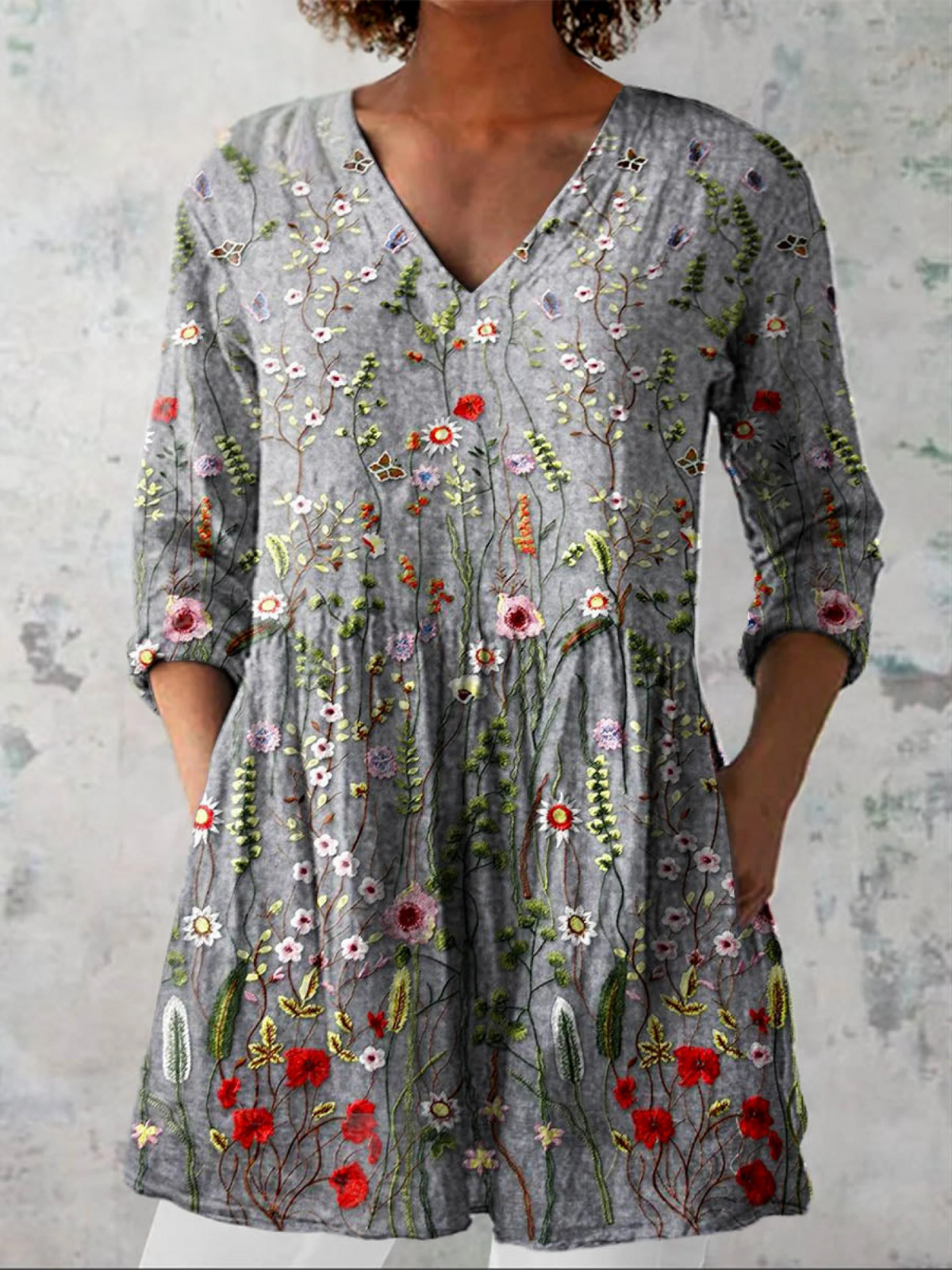 V-Neck Floral Embroidered Pleated Tunic Blouse