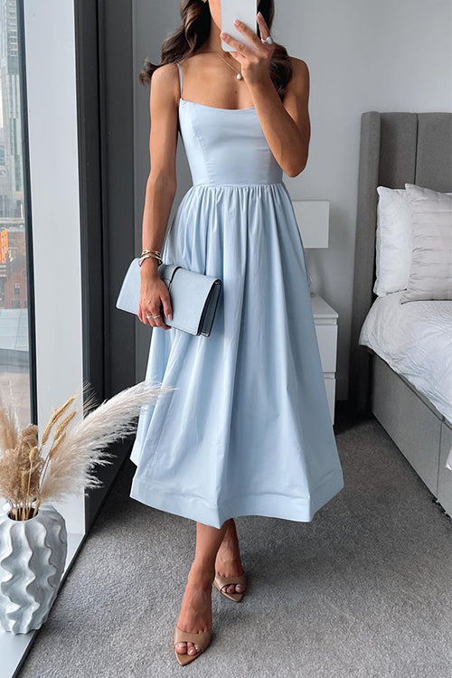 Vina | Chic Strappy A-Line Midi Dress Light Blue
