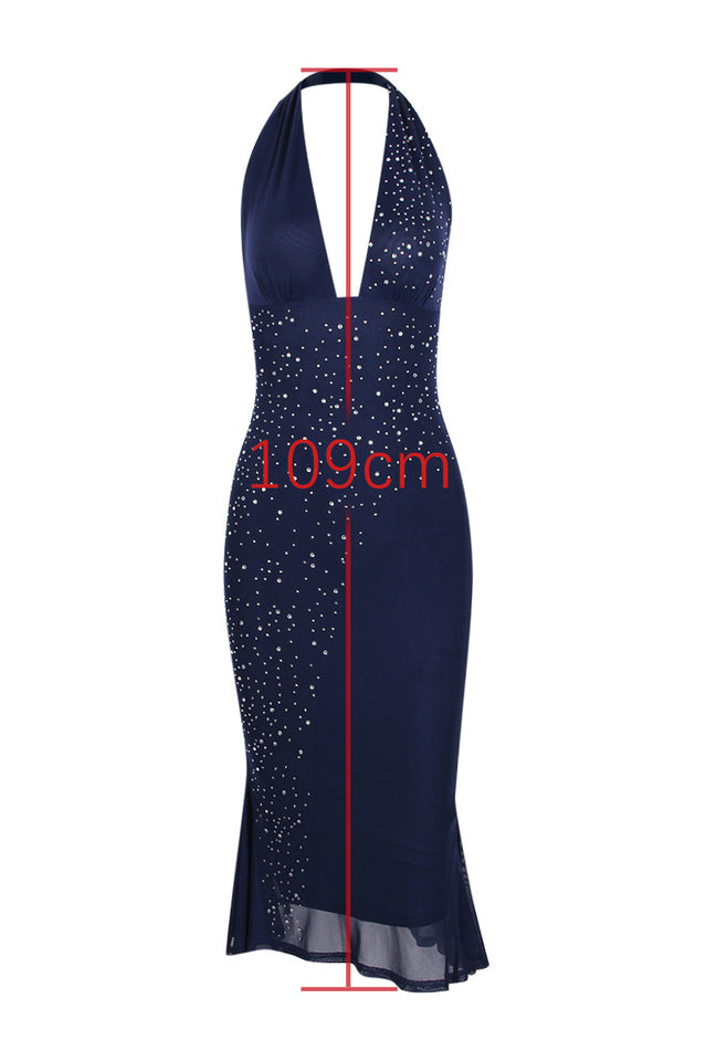 Rhinestone Embellished Halter Deep V-Neck Flounce Hem Midi Dress 10