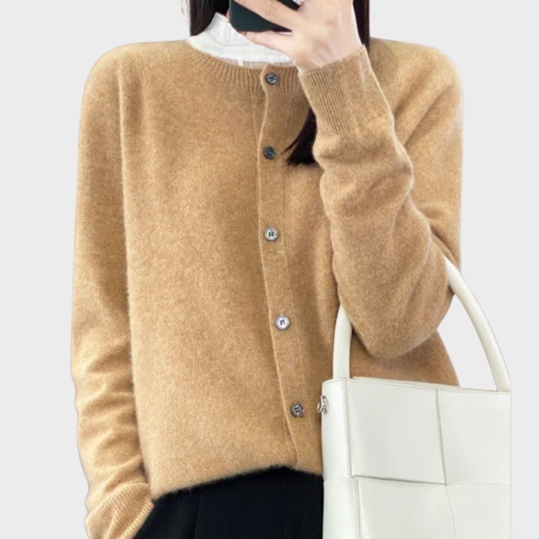 Crew Neck Button Front Long Sleeve Knit Cardigan