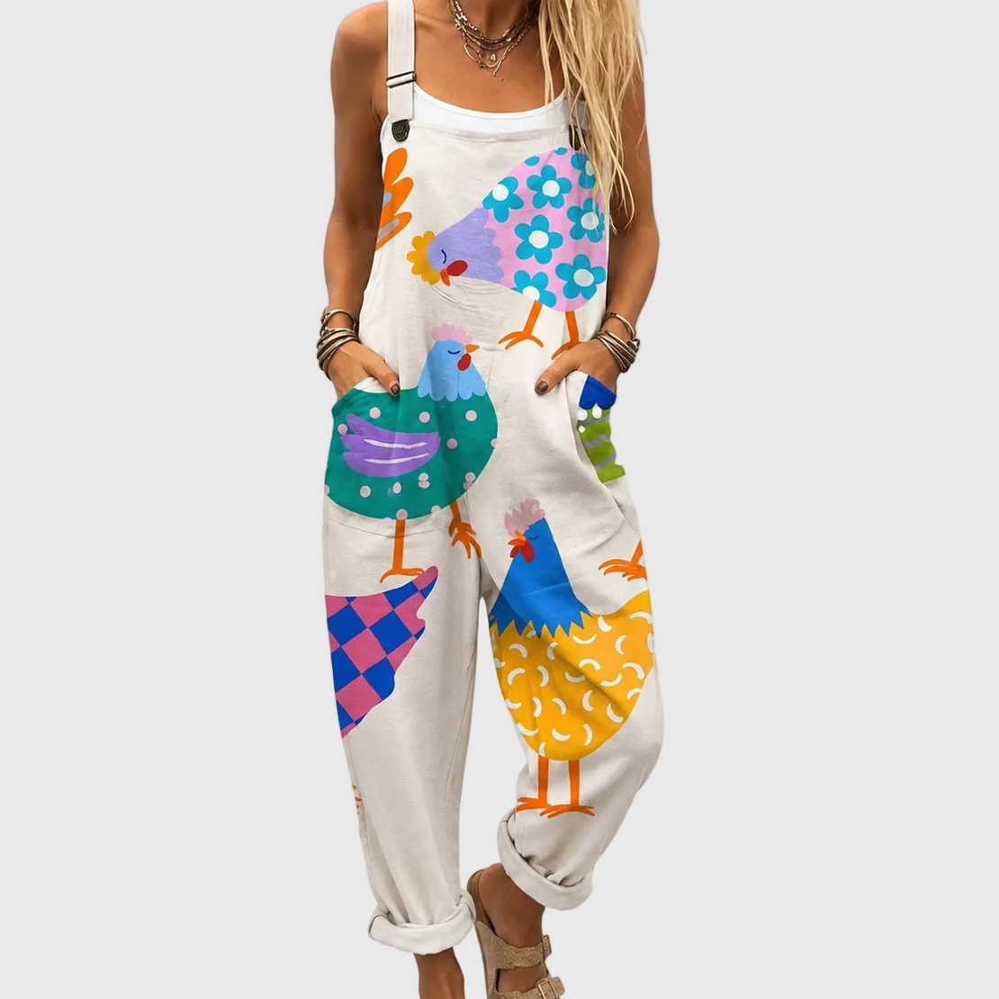 Chicken Floral Print Sleeveless Wide Leg Jumpsuit