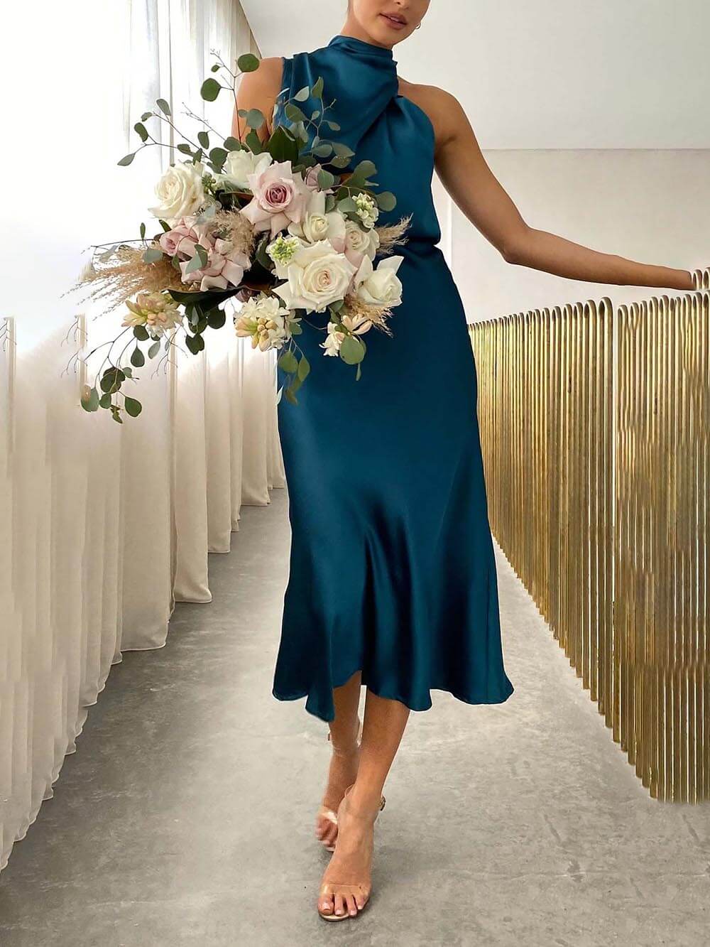 Satin High Neck Sleeveless Ruched Bias Cut Midi Dress