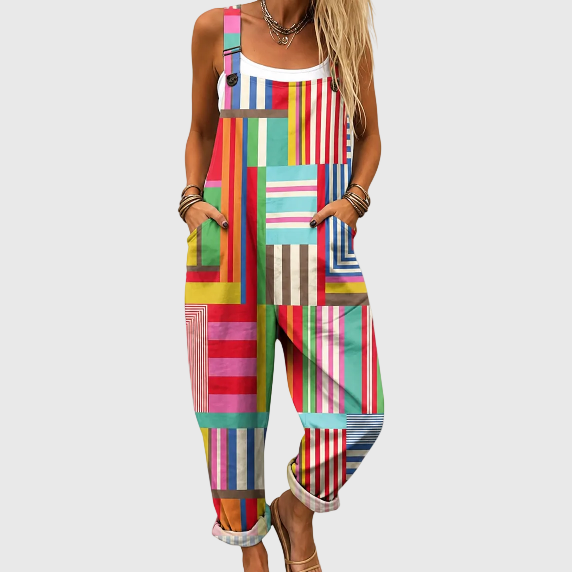 Geometric Patchwork Sleeveless Wide Leg Overall Jumpsuit