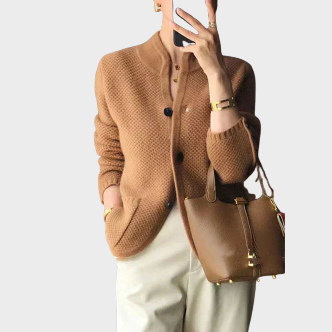 Stand Collar Button Front Waffle Knit Cardigan