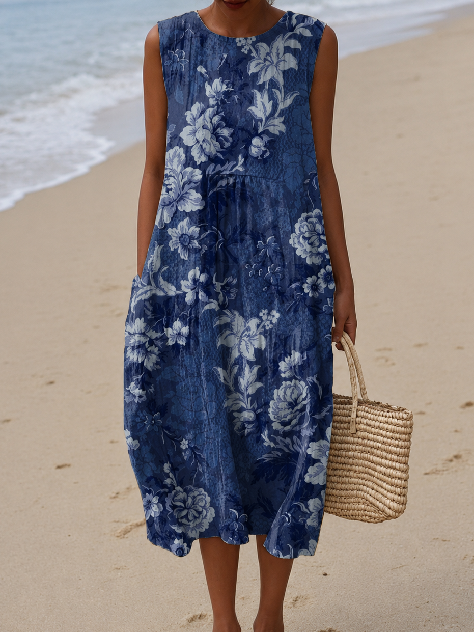 Round Neck Sleeveless Floral Print Pocket Midi Dress