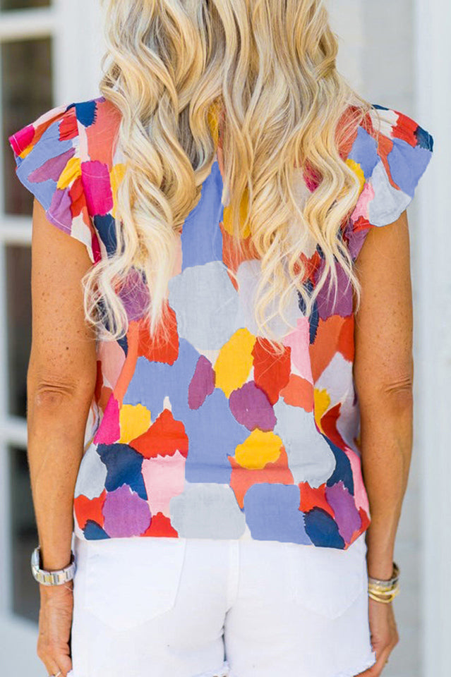 Abstract Brushstroke Print Mock Neck Ruffle Sleeve Blouse 8