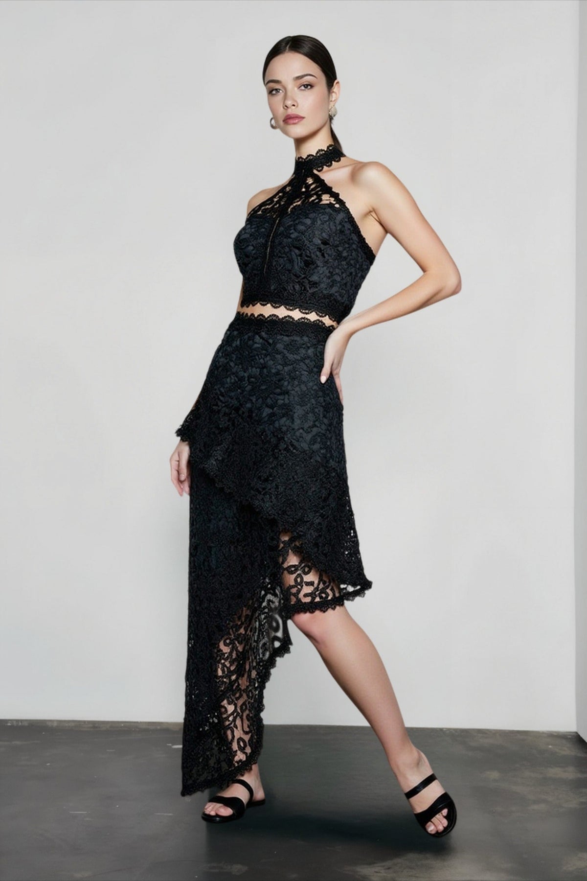 Lace Halter Neck Top and Asymmetric Ruffle Skirt Two Piece Set 4