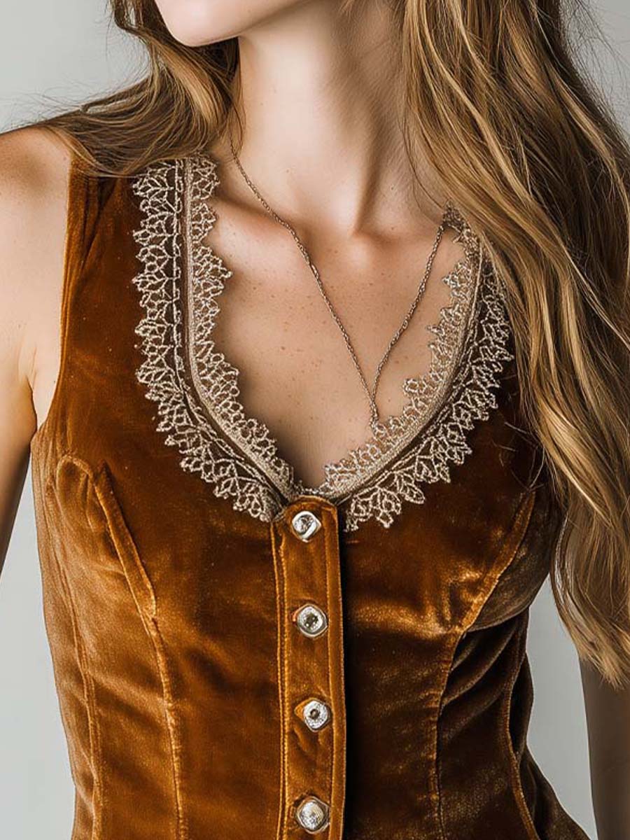 Caramel Velvet Embroidered Lace Trim Vest