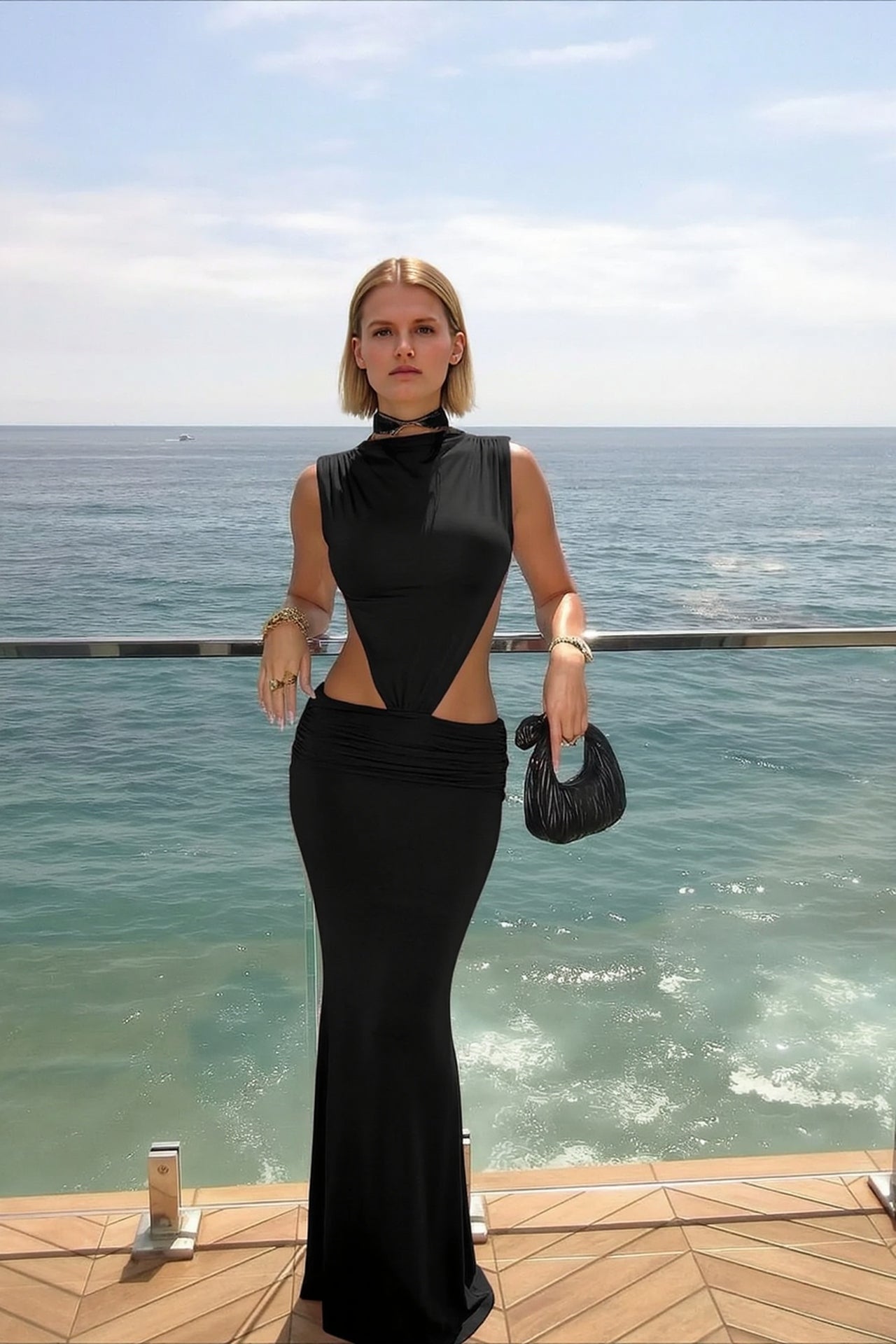 Sexy High Neck Sleeveless Cutout Waist Backless Party Dress