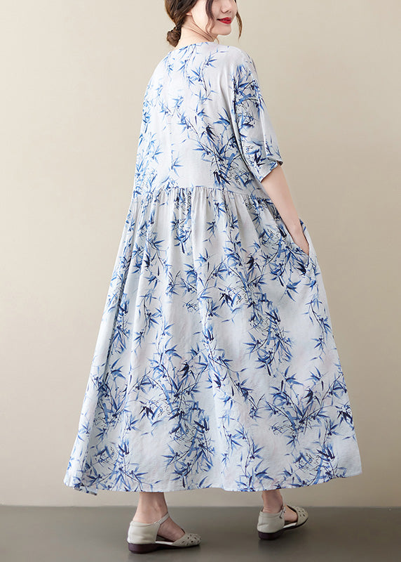 Bamboo Leaf Print Round Neck Empire Waist Pocket A-Line Midi Dress