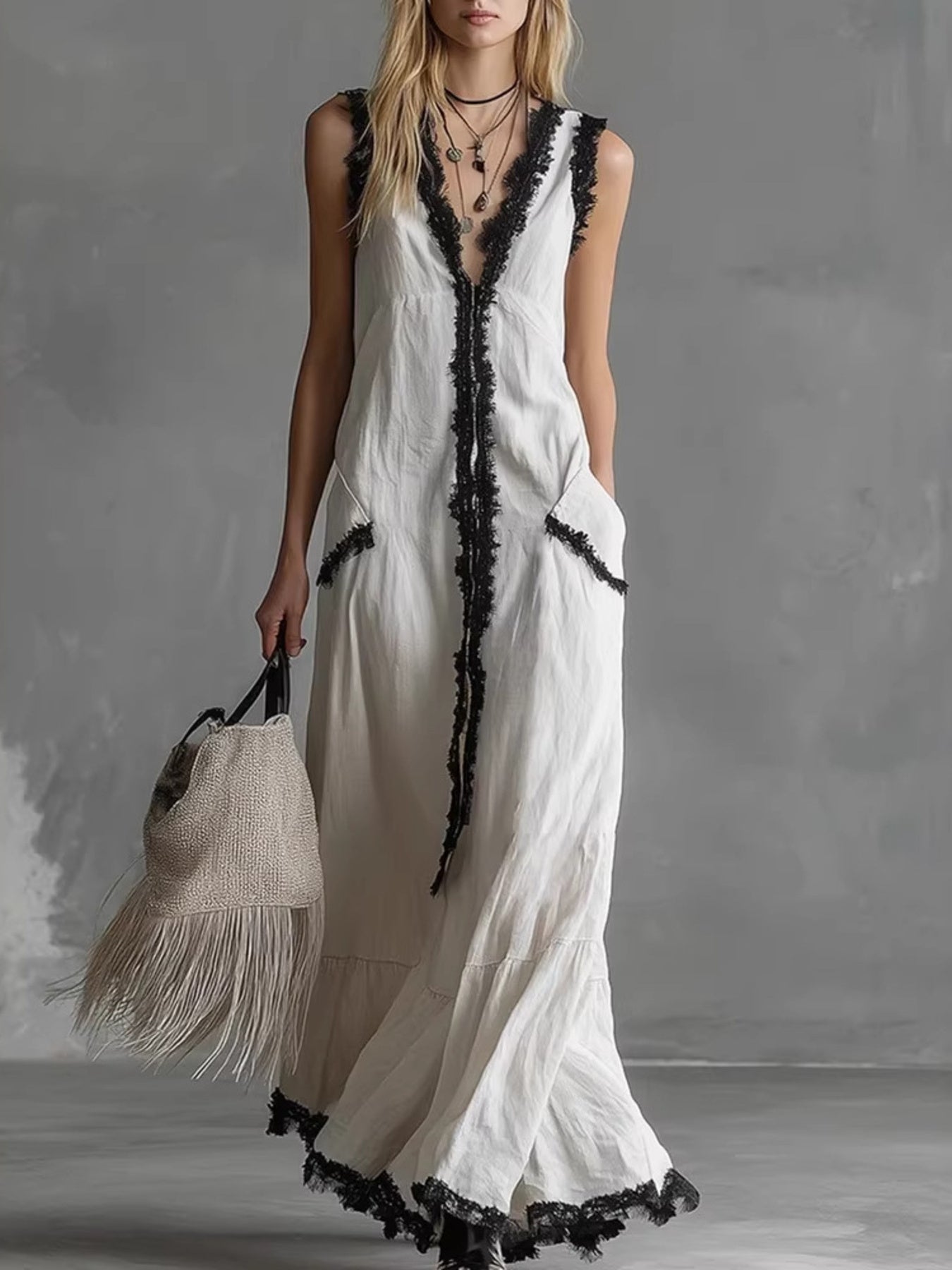 Contrast Trim Sleeveless Maxi Dress White