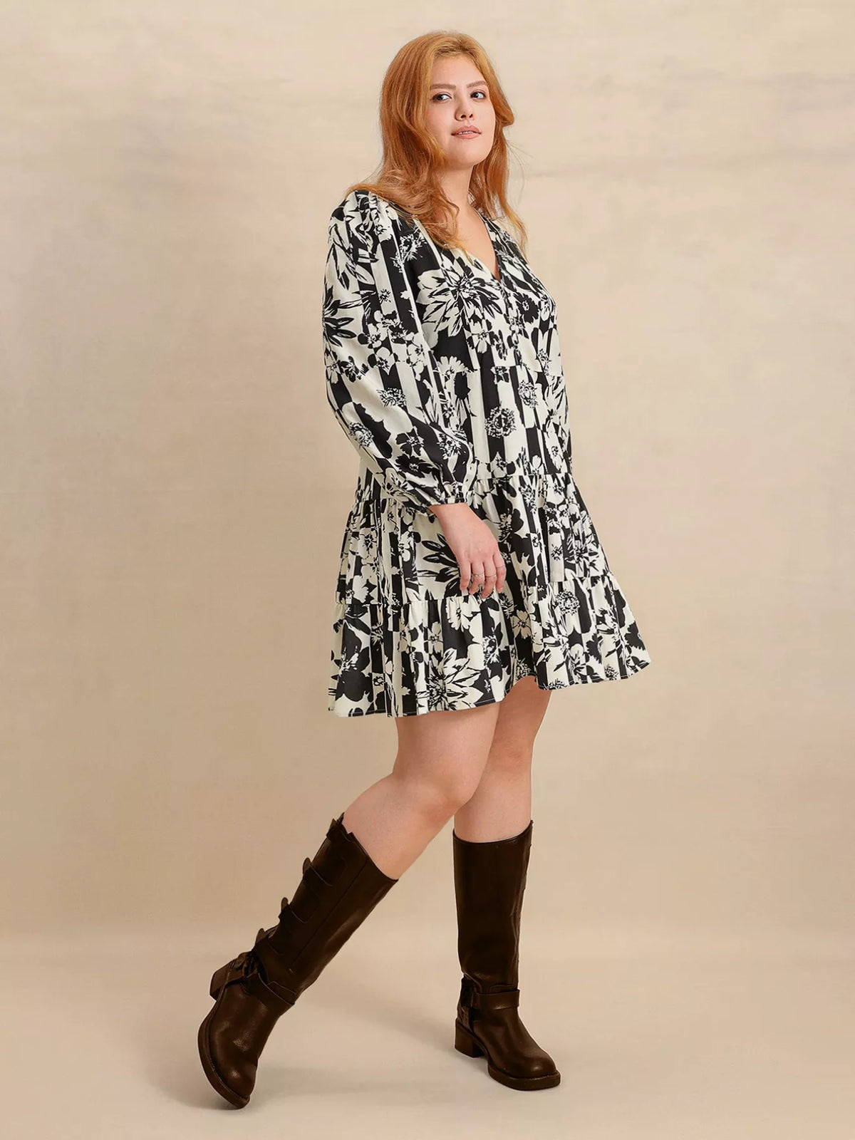 Floral Print V-Neck Balloon Sleeve Tiered Mini Dress 6
