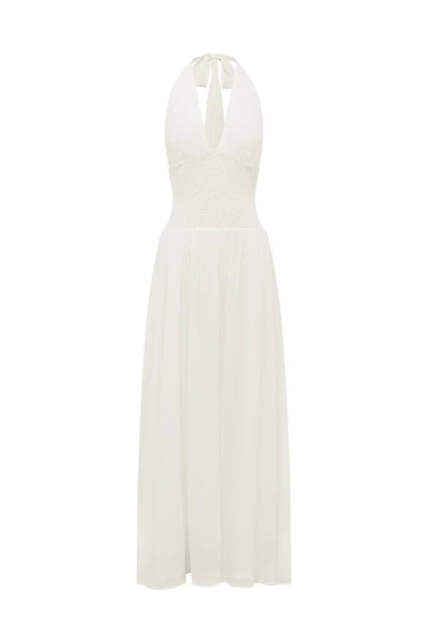 Plunge Halter Neck Lace Waist Panel Chiffon Maxi Dress 6