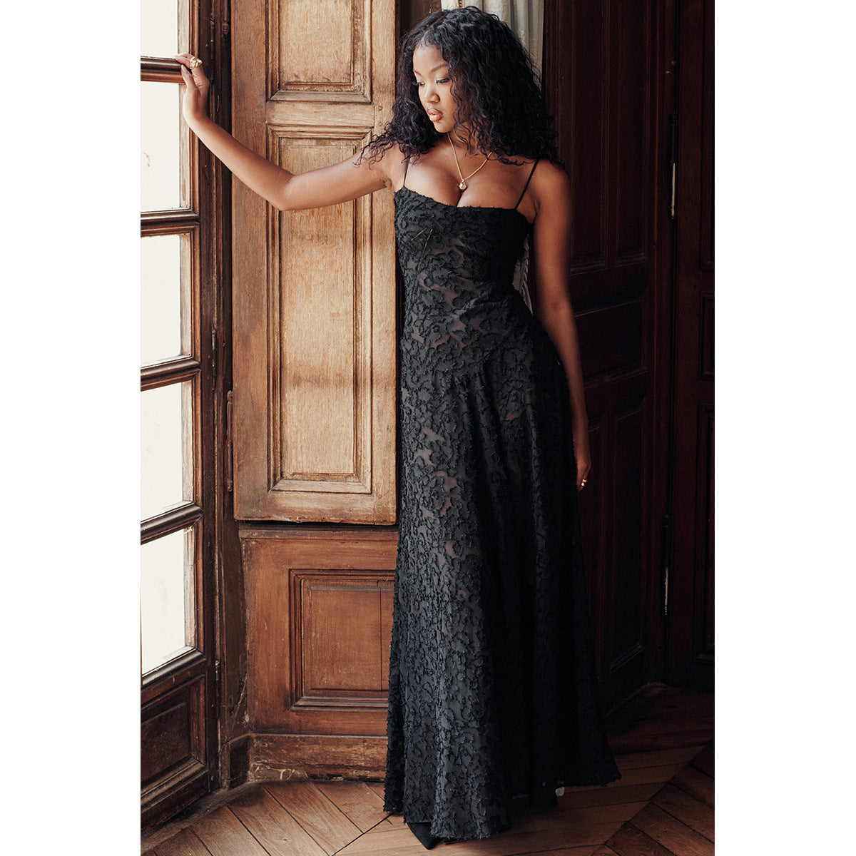 Textured Lace Cami Corset Seam Drop Waist Maxi Dress 5