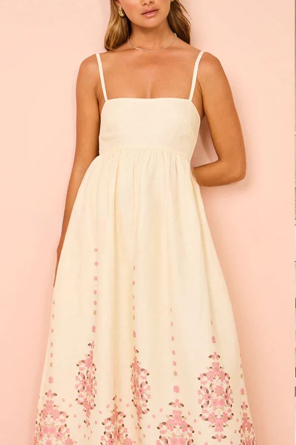 Linen Blend Floral Print Sleeveless A-Line Maxi Dress