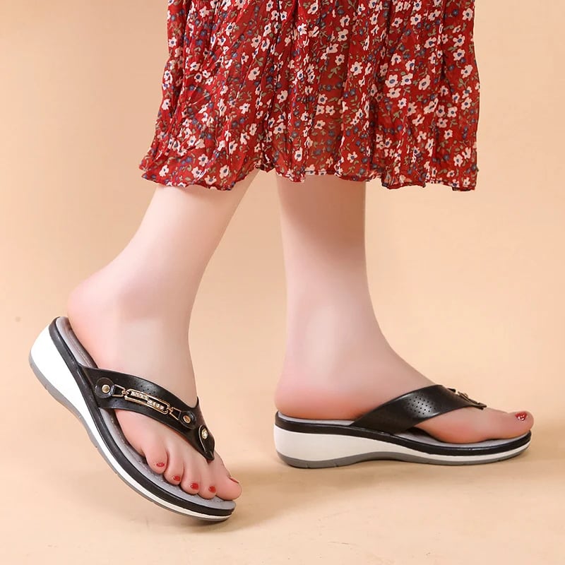 Thong Toe Post Metal Trim Wedge Sandals