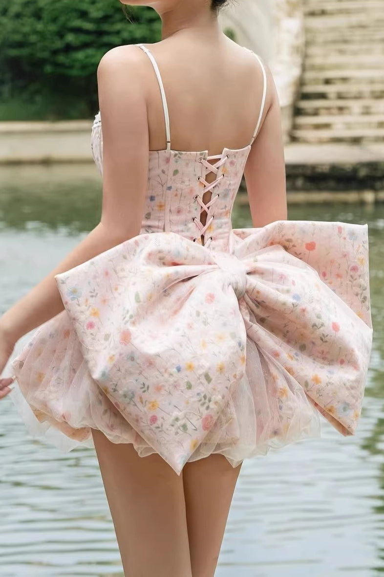 Floral Corset Spaghetti Strap Tulle Bubble Hem Mini Dress