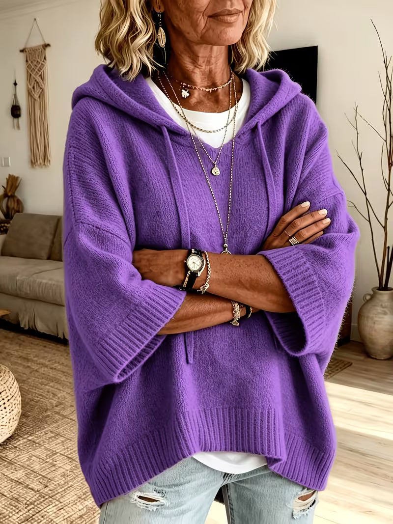 Hooded Drawstring Oversized Knit Poncho Sweater