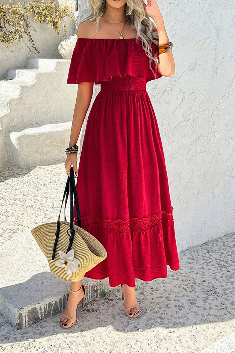 Casual Off Shoulder Waist Cinched Boho Dress