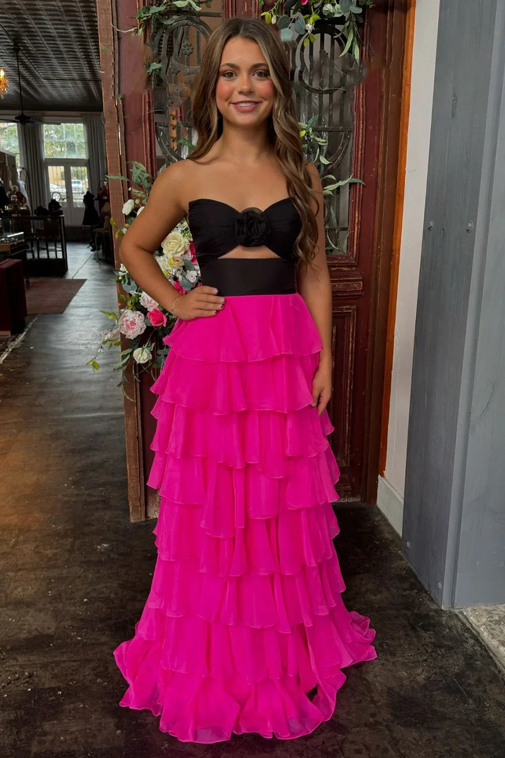 Cute Royal Blue A-Line Strapless Long Tiered Prom Dress with Slit