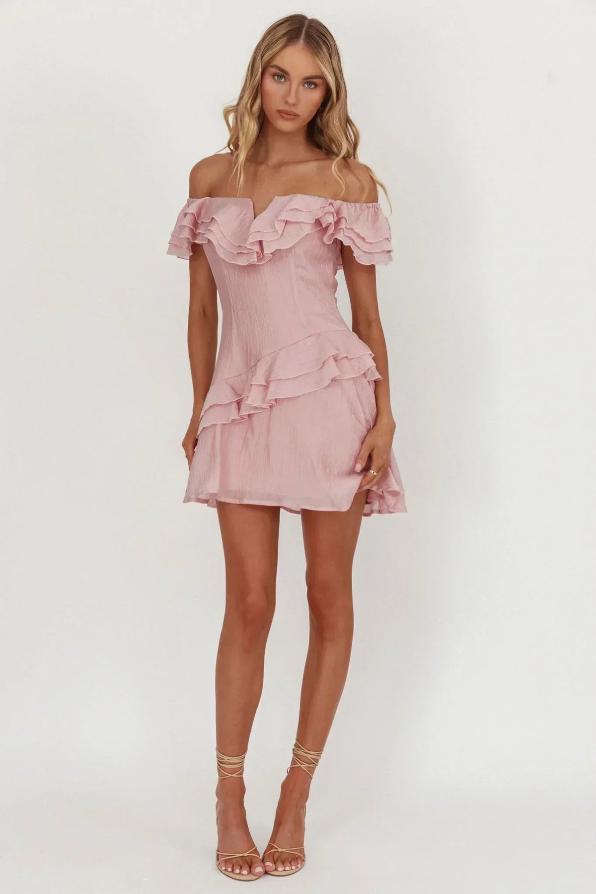 Sinclair Off-Shoulder Ruffle Trim Mini Dress Blush