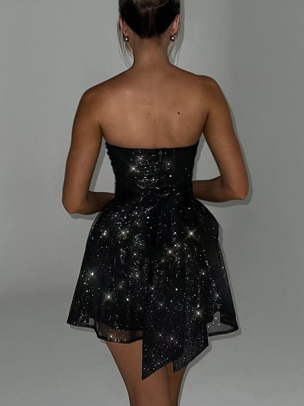 Glitter Strapless Ruched Fit and Flare Mini Party Dress