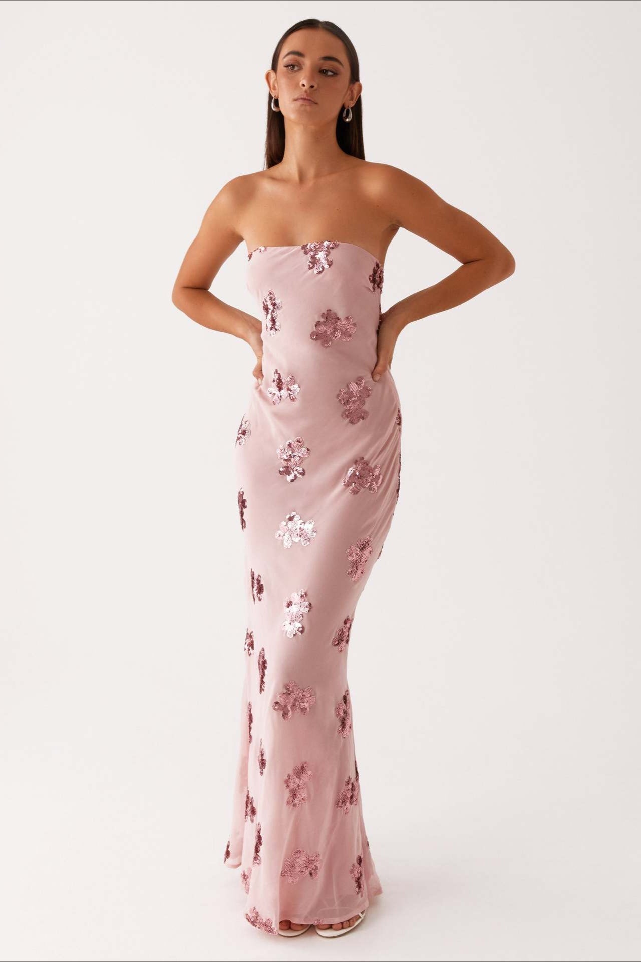 Floral Sequin Strapless Slip Maxi Gown